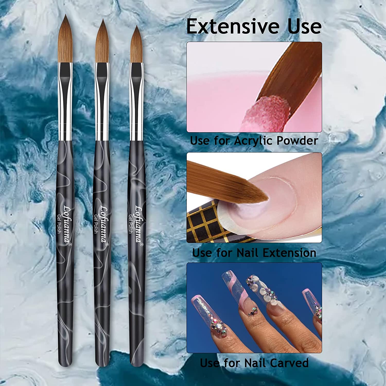 Lofuanna Nail Acrylic Brushes Set 3PCS Nail Brush for Acrylic